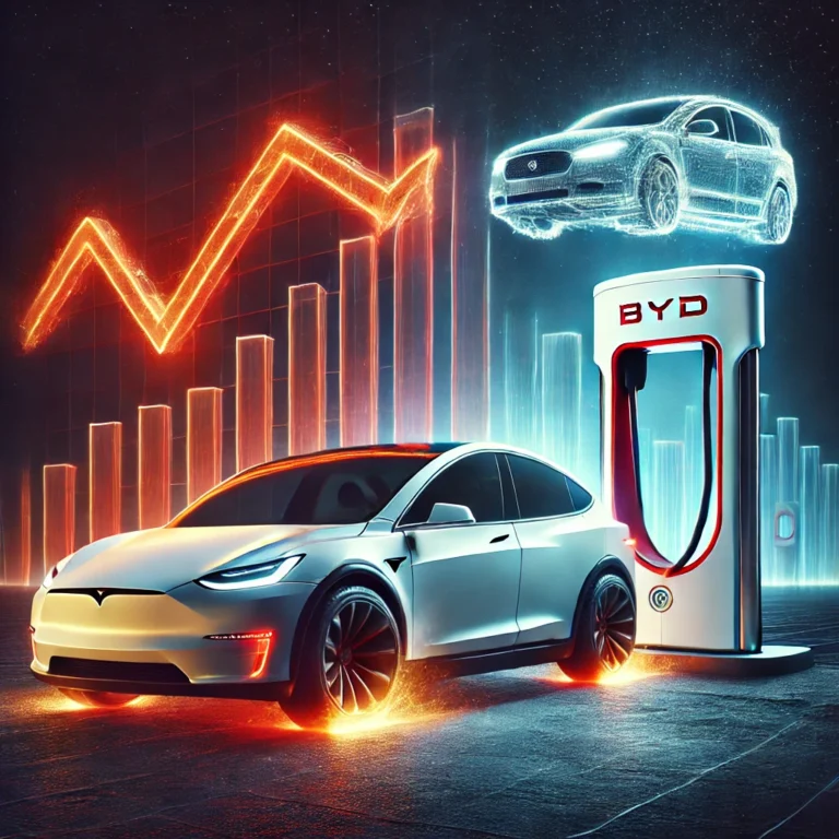 DALL·E 2025-03-18 12.45.05 - A dramatic visualization of Tesla's stock under pressure due to BYD's charging breakthrough. A Tesla car is seen on a declining stock market graph wit