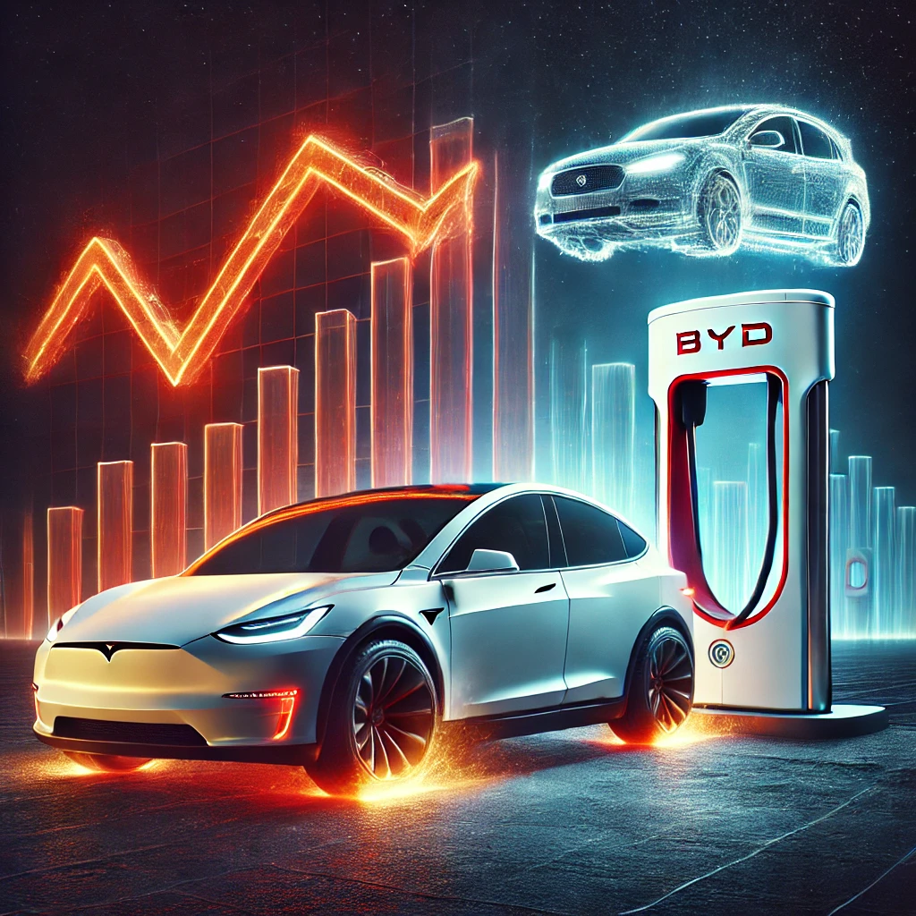 DALL·E 2025-03-18 12.45.05 - A dramatic visualization of Tesla's stock under pressure due to BYD's charging breakthrough. A Tesla car is seen on a declining stock market graph wit